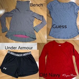 4 item XS bundle - BENCH Grey/Pink Cowlneck Sweatshirt/Red/Blue tee, UA shorts